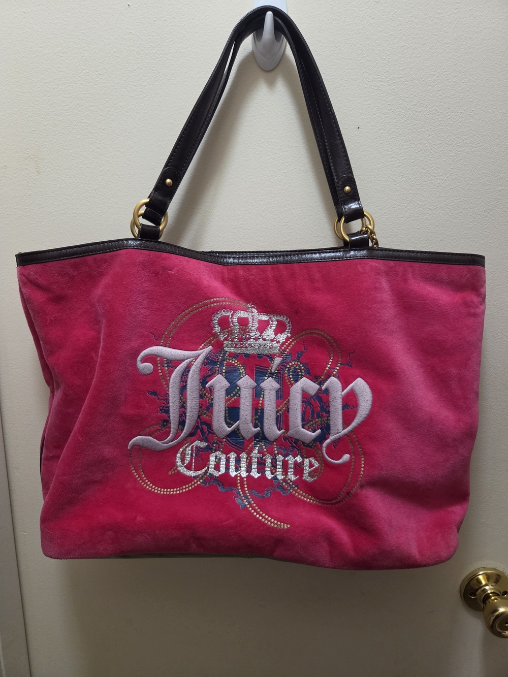 Vintage Juicy Couture Hot Pink Velour Tote Bag with Black Handles